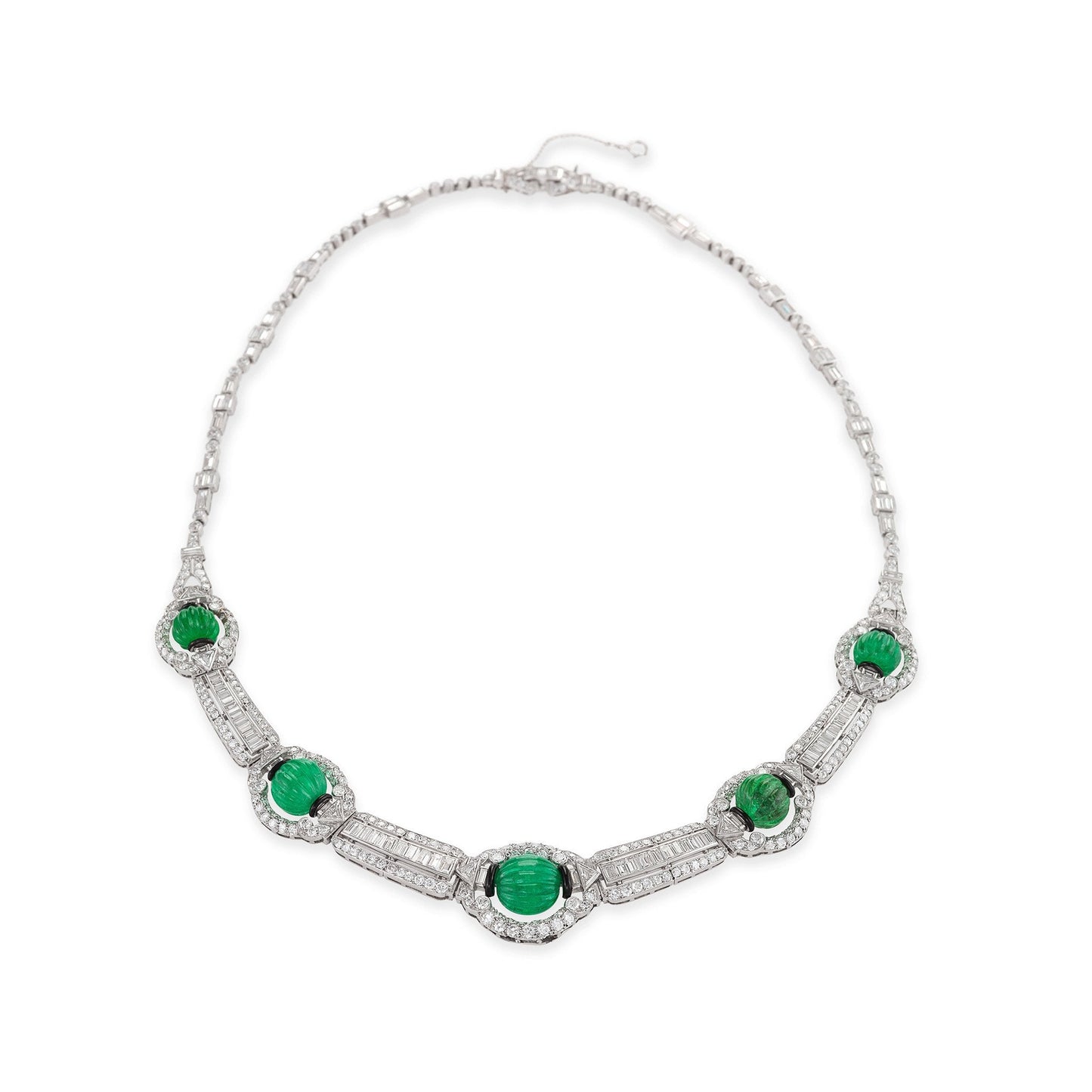 Carved Emerald Bead and Diamond Collar Necklace