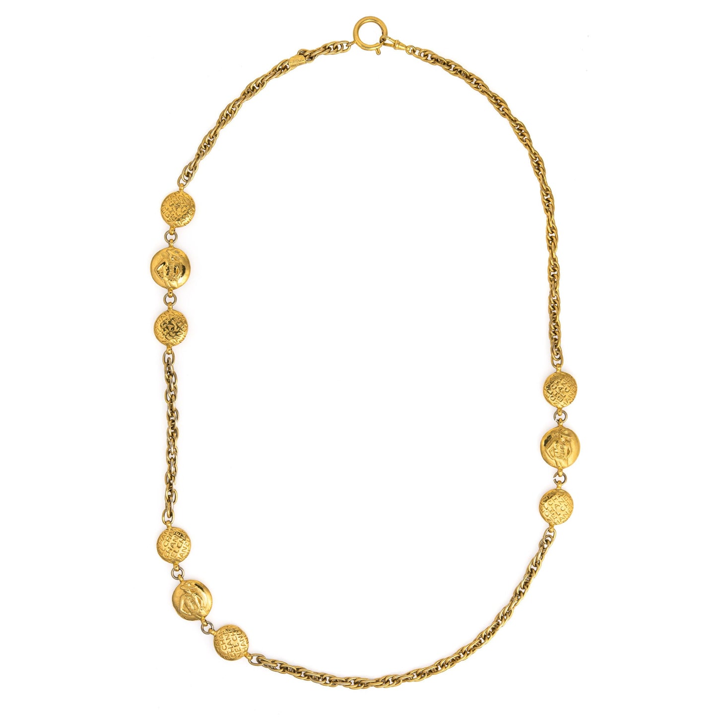 70s Chanel Vintage Medallion Necklace Long 36 Yellow Gold Tone Coco Silhouette