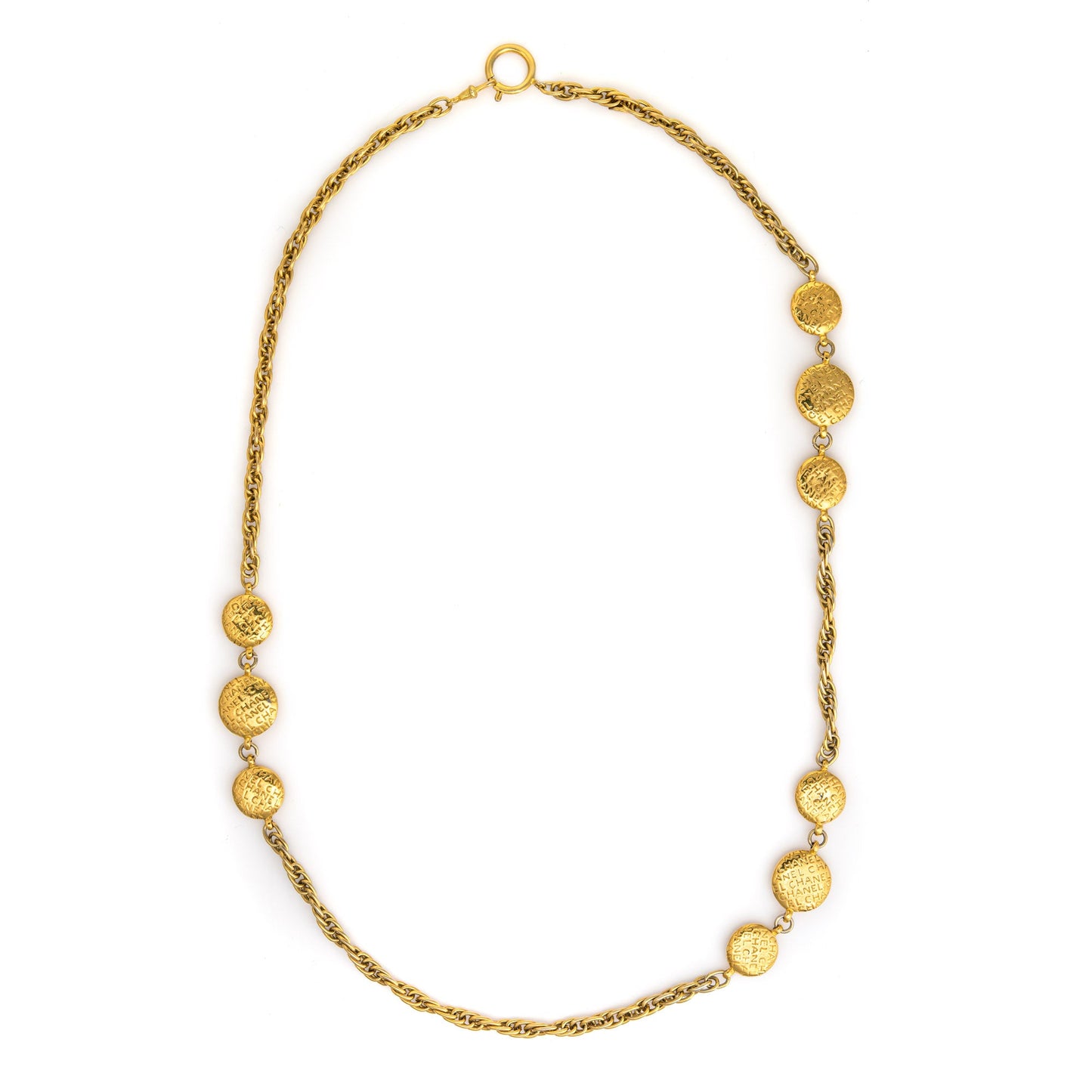 70s Chanel Vintage Medallion Necklace Long 36 Yellow Gold Tone Coco Silhouette