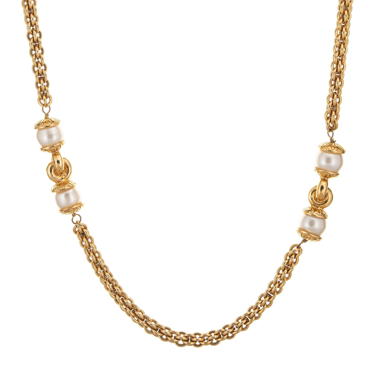 80s Chanel Vintage Necklace Faux White Pearls Long 35 Chain Link