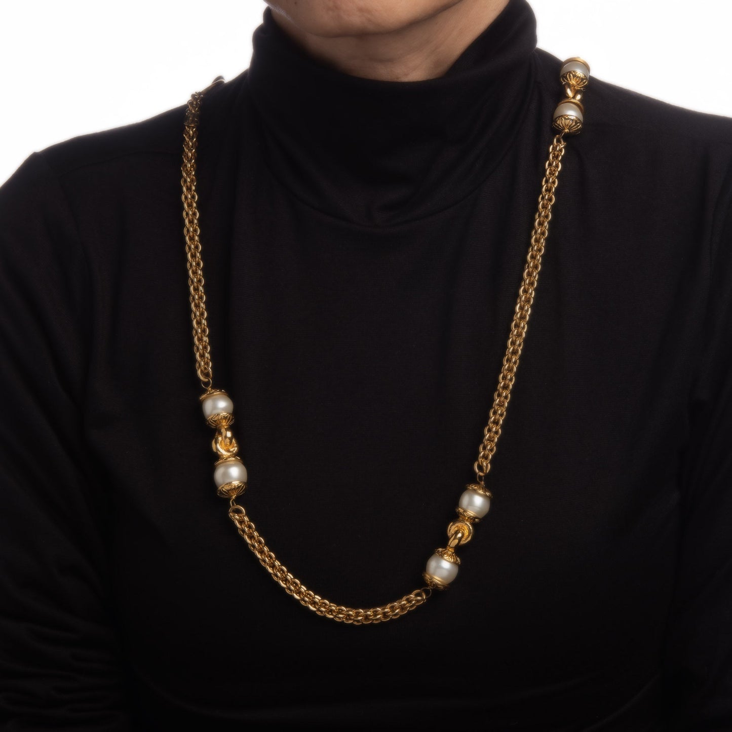 80s Chanel Vintage Necklace Faux White Pearls Long 35 Chain Link