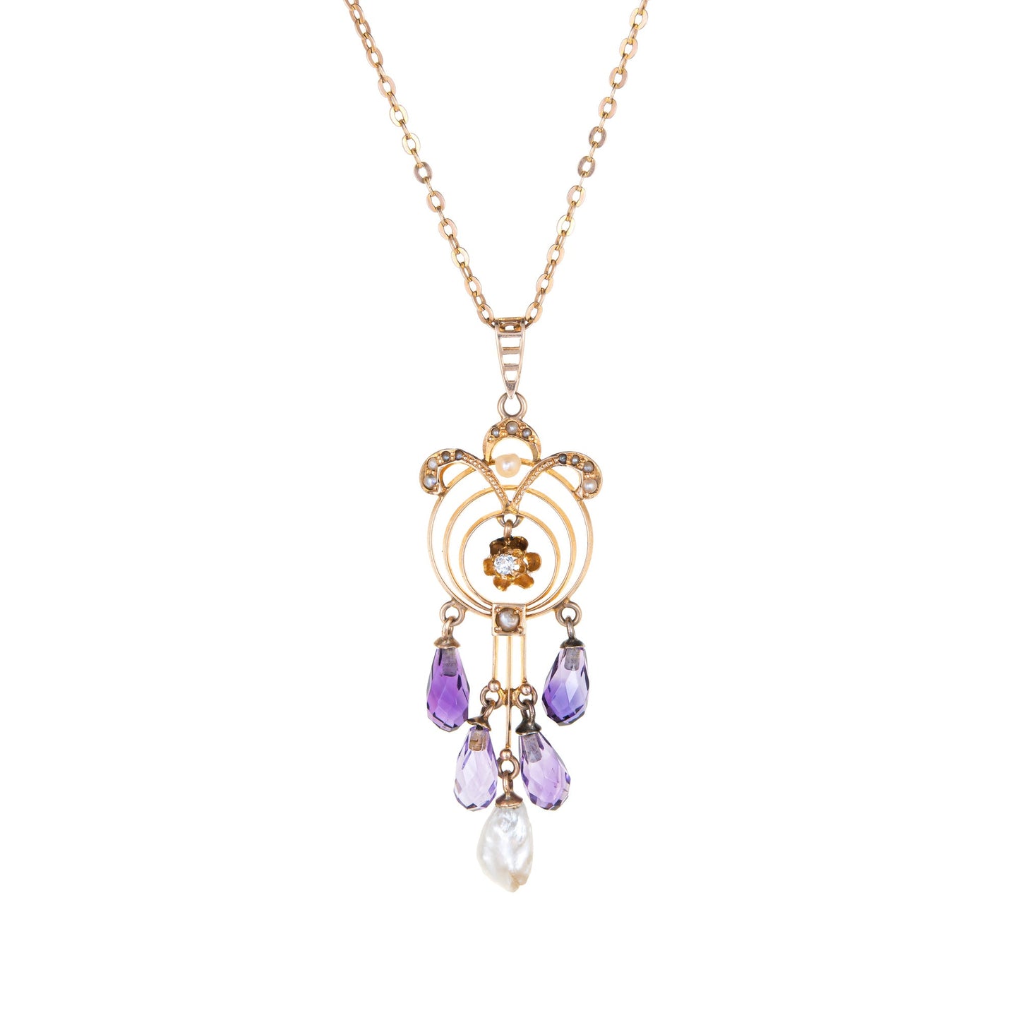 Antique Art Nouveau Drop Necklace Briolette Amethyst Diamond Pearls 10k Gold