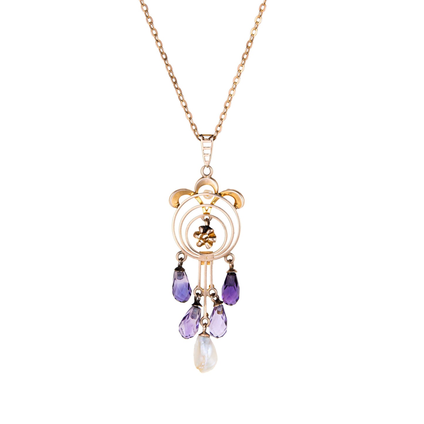 Antique Art Nouveau Drop Necklace Briolette Amethyst Diamond Pearls 10k Gold