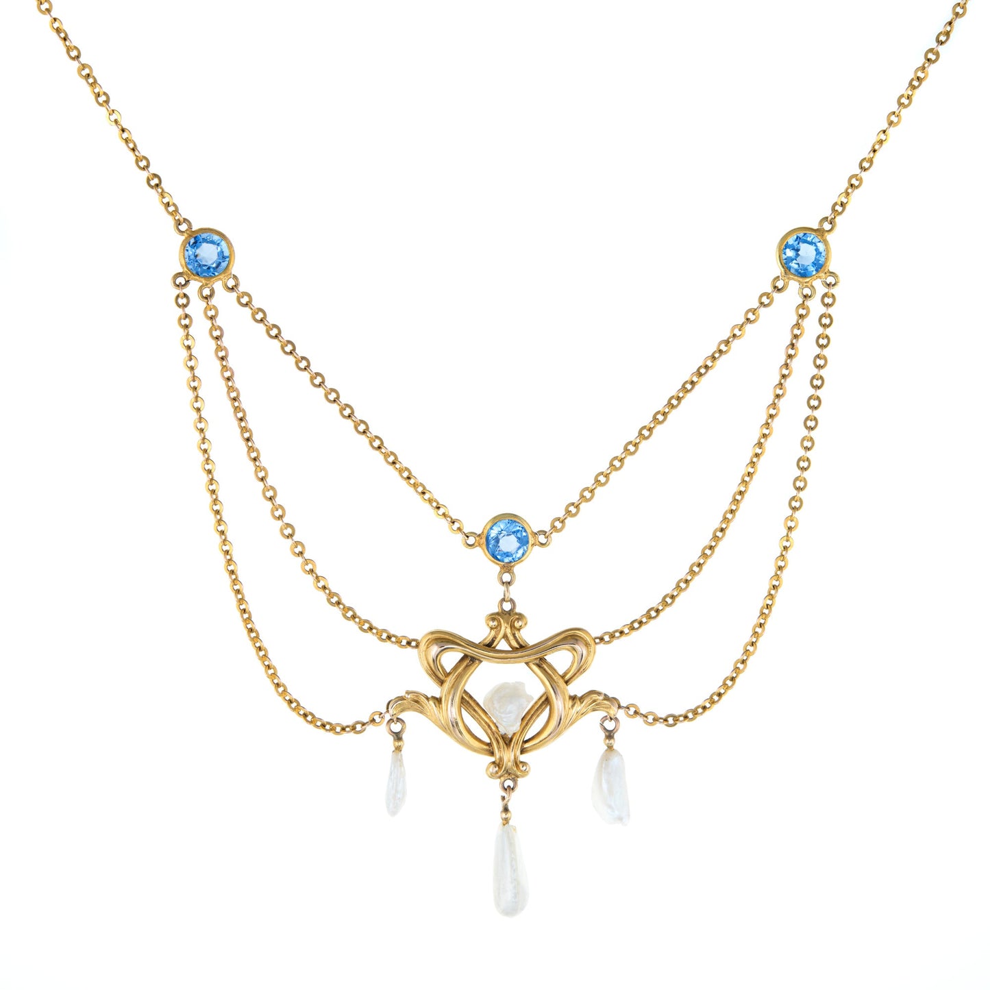 Antique Art Nouveau Drop Necklace Blue Sapphire Pearls 14k Yellow Gold Vintage
