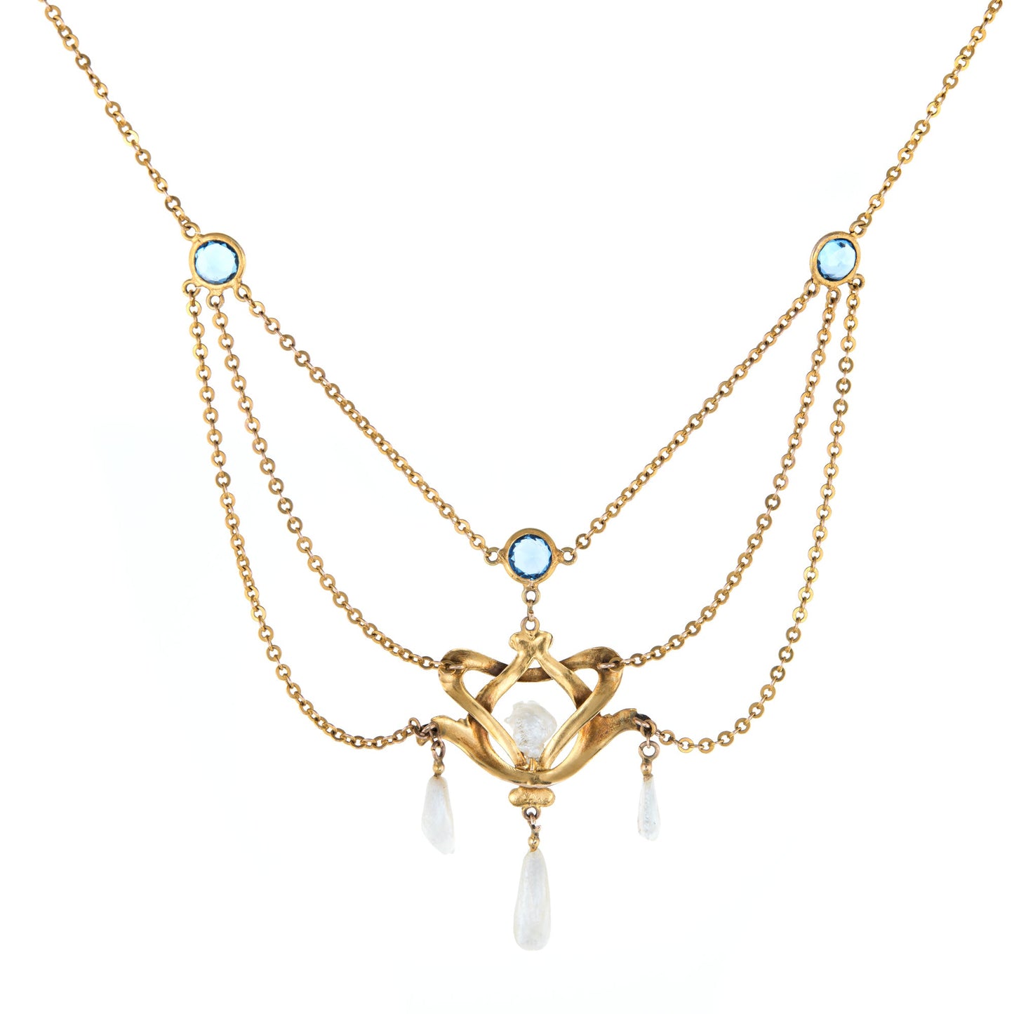 Antique Art Nouveau Drop Necklace Blue Sapphire Pearls 14k Yellow Gold Vintage